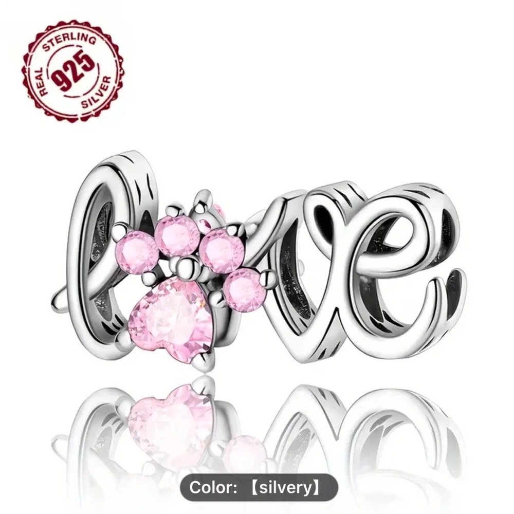 New Authentic S925 Sterling Silver LoveCharm Bead Pendant w/ Pink Cubic Zirconia